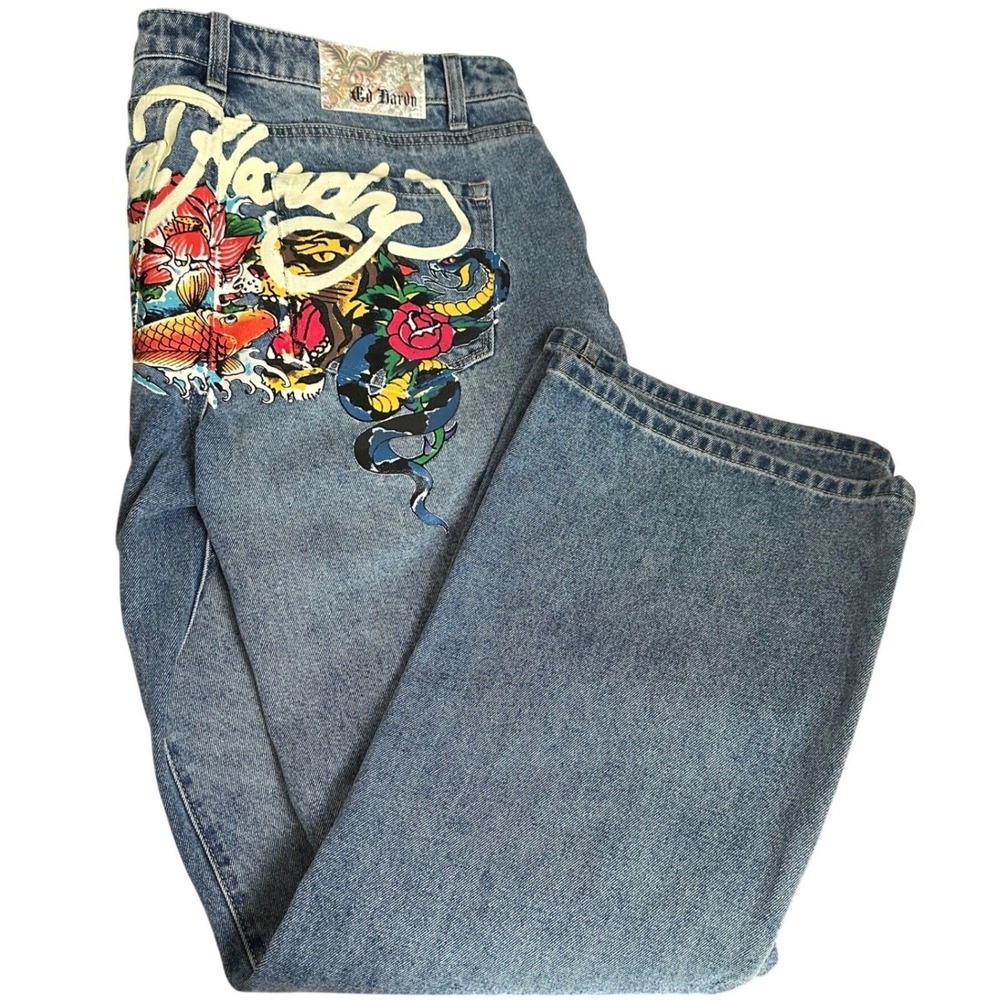 Ed Hardy Baggy Jeans Women 30 Blue Tattoo Graphic Y2K Streetwear Wide Leg Denim